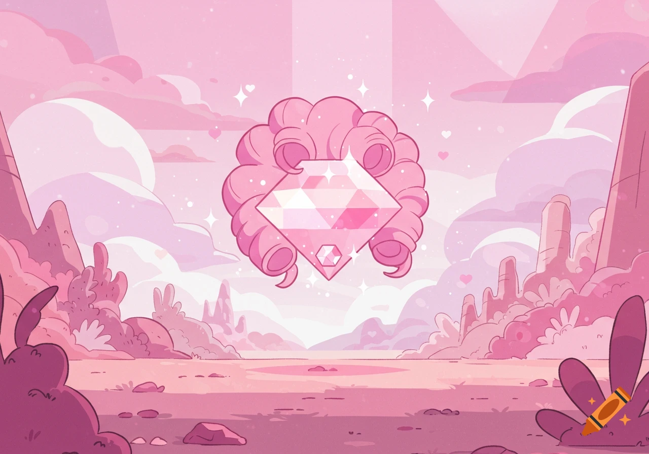 A vibrant pink cartoon landscape features a large, stylized pink diamond with curly pink hair-like tendrils floating in the center, surrounded by sparkles and hearts.