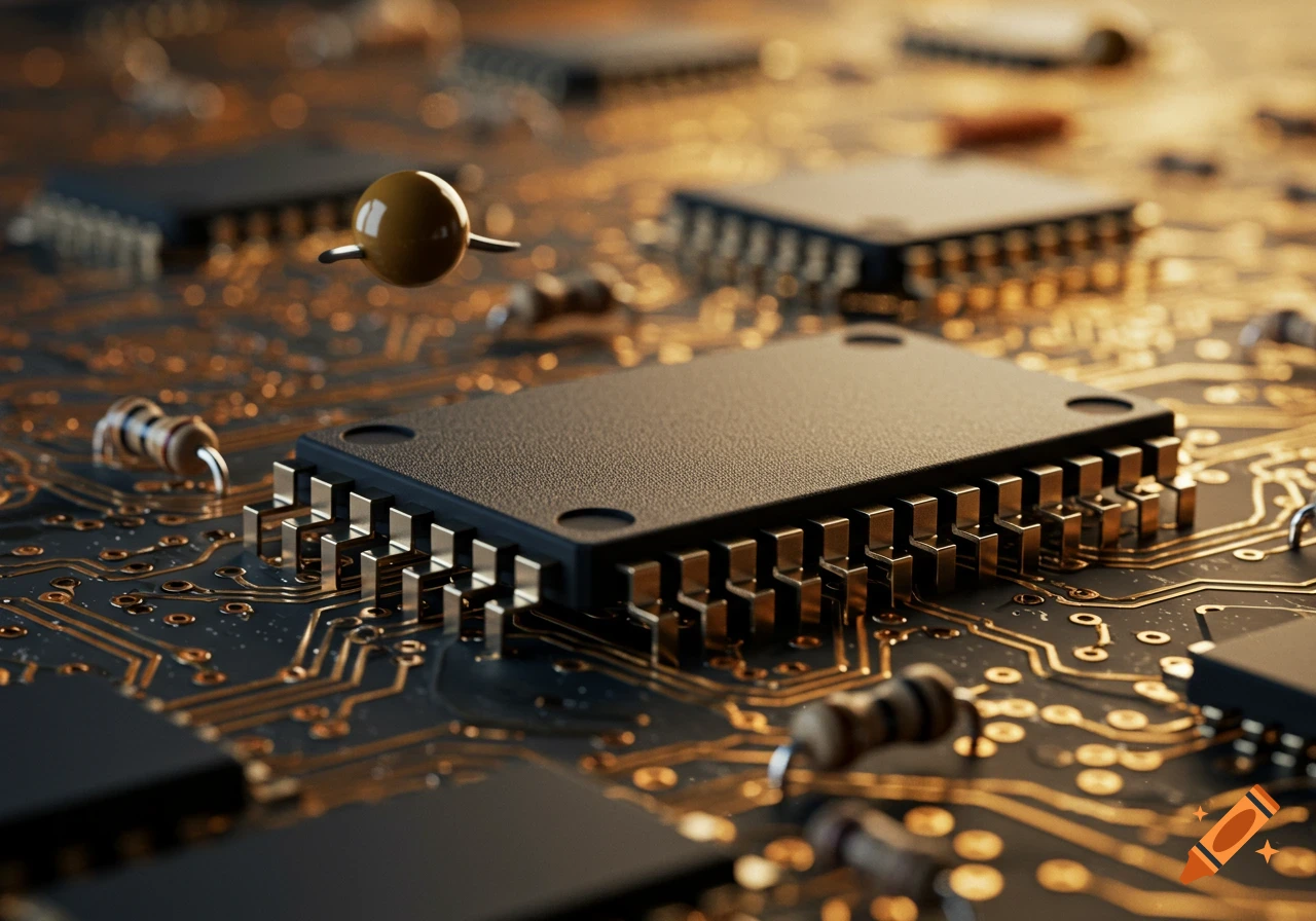 A close-up, photorealistic view of a black microcontroller on a dark circuit board with gold traces and other electronic components.