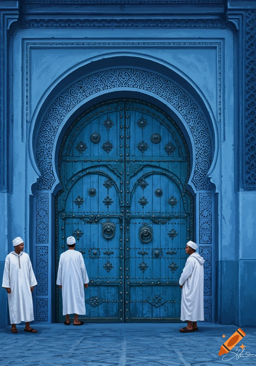Three men in white djellabas stand before a large, ornate blue Moroccan door, in a traditional art style.