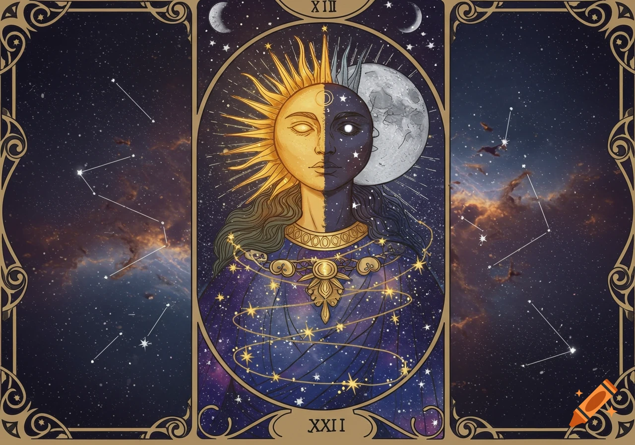 Stylized tarot card featuring a split sun and moon face, celestial details, and Roman numerals on a cosmic background.
