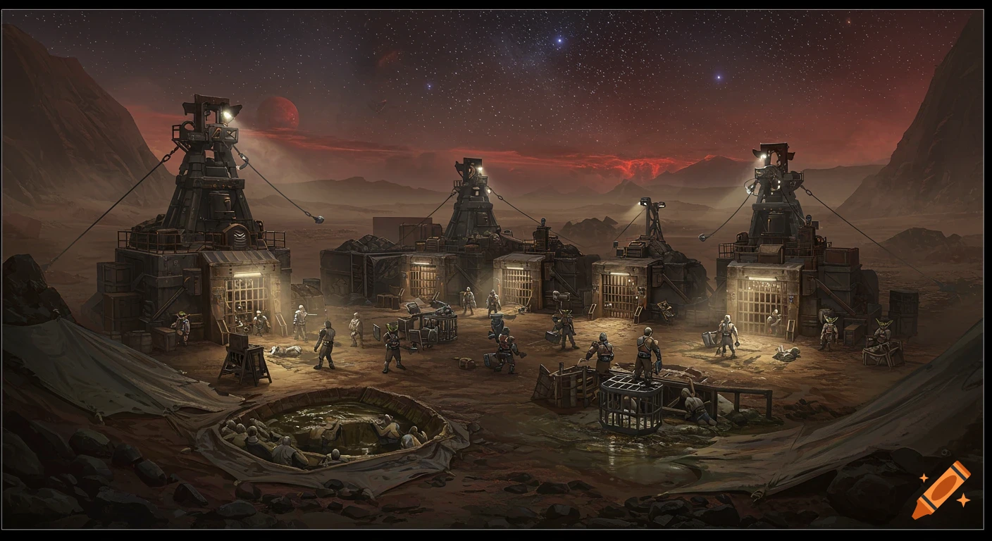 A detailed illustration of a desolate mining camp on an alien planet, with militaristic hobgoblins guarding prisoners.