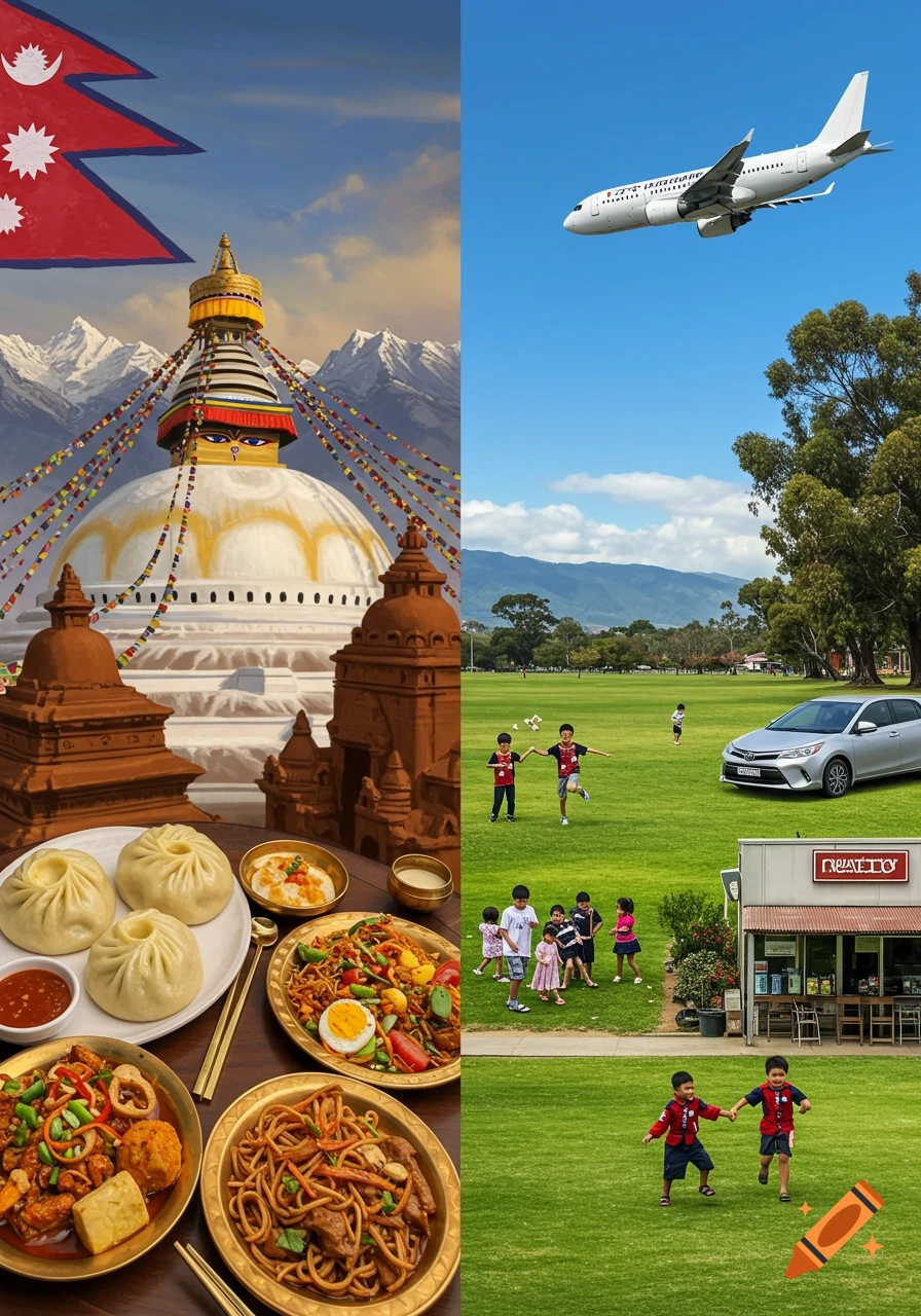 A collage showing Nepal (Boudhanath stupa, flag, traditional food) on the left and Australia (airplane, children playing, car, restaurant) on the right.