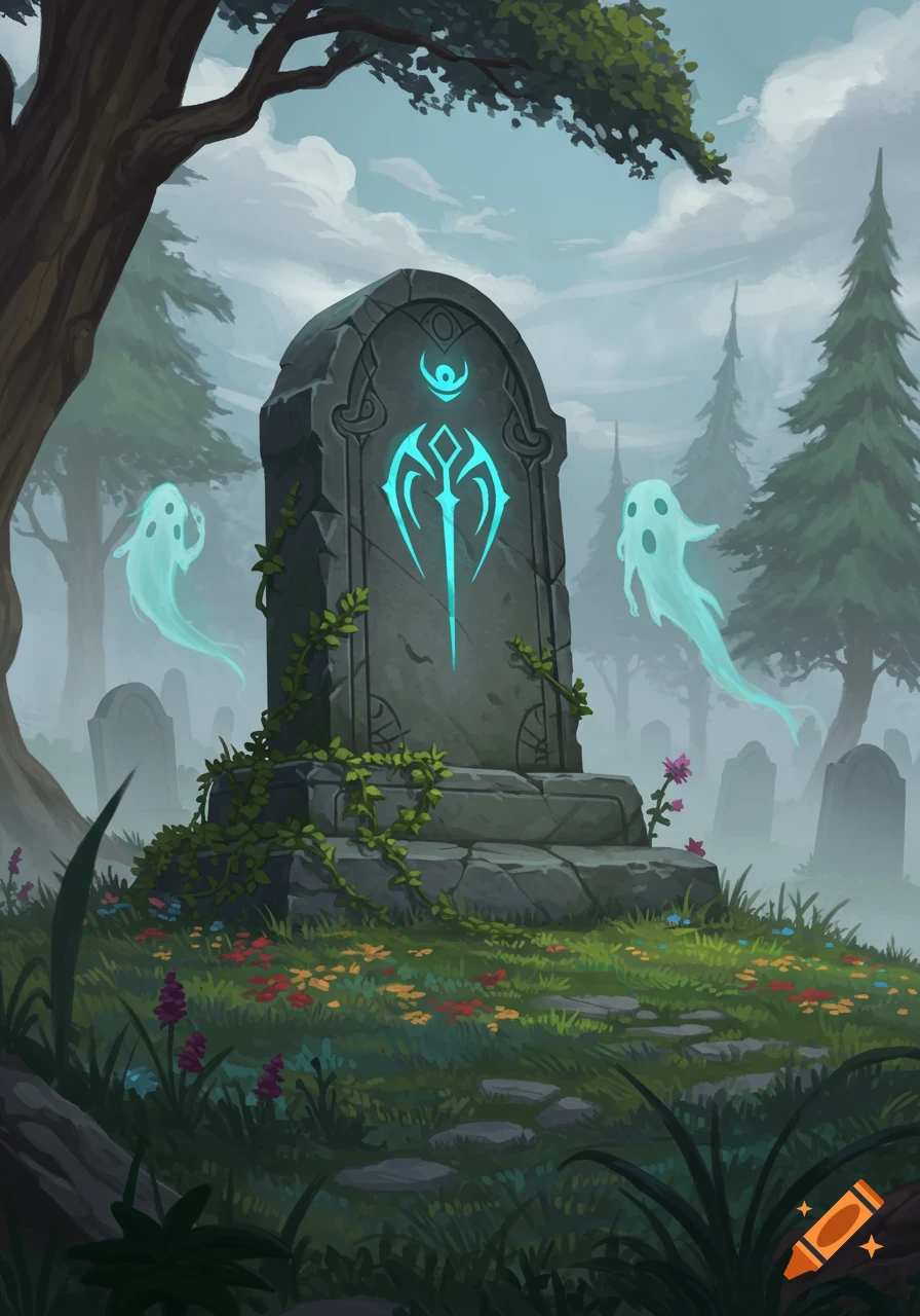 A glowing tombstone with arcane symbols stands in a misty graveyard with two ethereal ghosts floating by, in a fantasy art style.