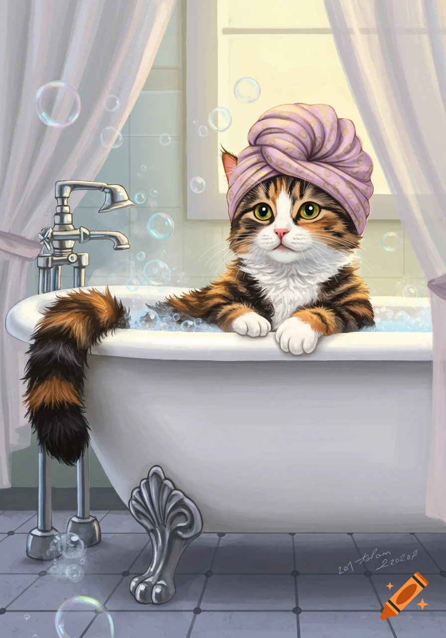 A cute calico cat sits in a bubble bath wearing a pink towel turban, illustrated.