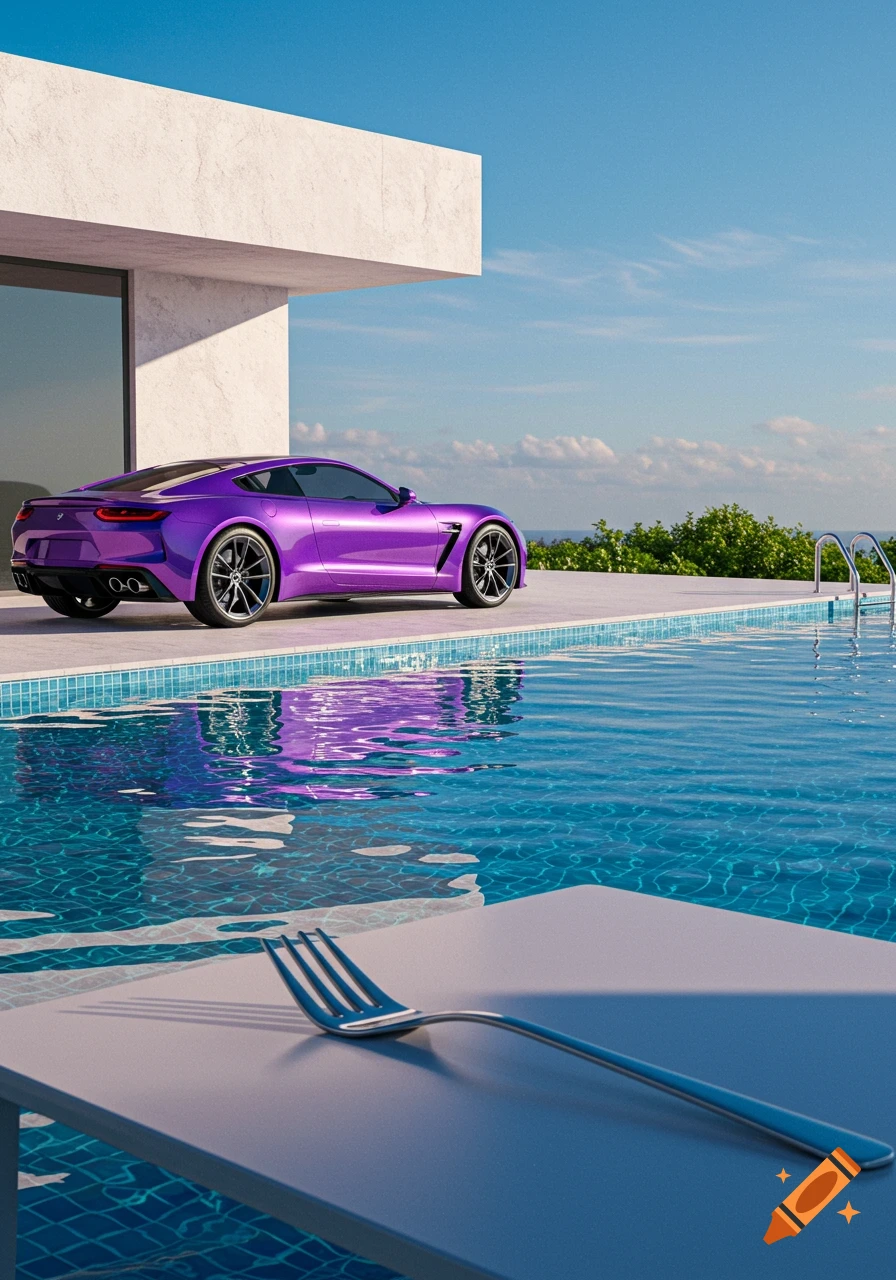A vibrant purple sports car parked beside a modern house with a swimming pool, under a bright blue sky. A fork rests on a table in the foreground.