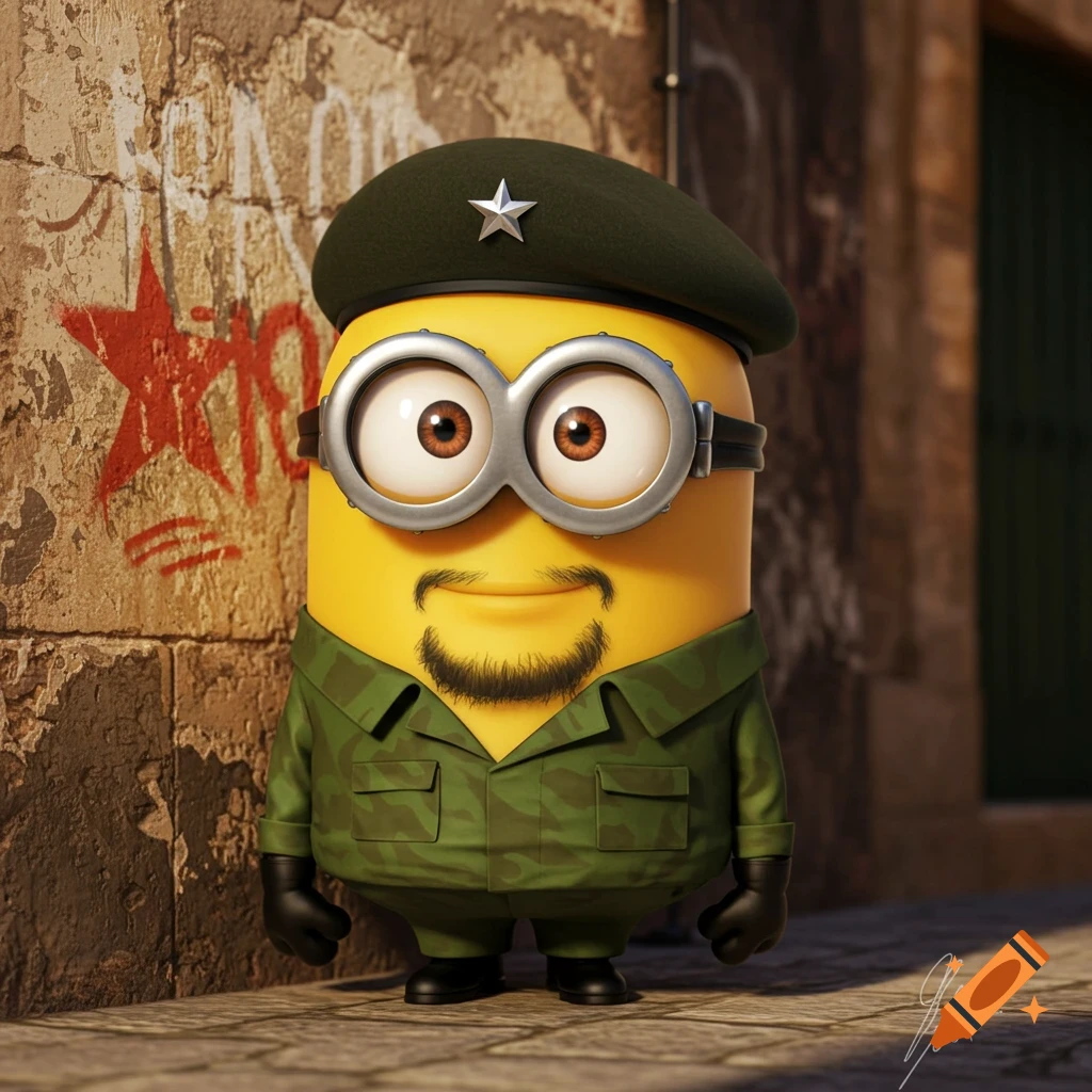 A Minion dressed as Che Guevara in a green military uniform, beret with a star, and goatee, standing by a graffiti wall.