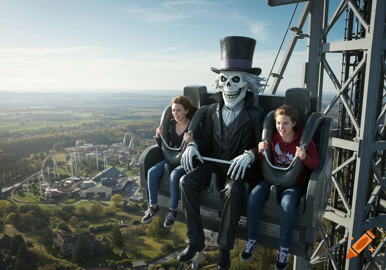 Two girls and a skeleton figure on a drop tower ride high above an amusement park, with roller coasters and fields in the distance.