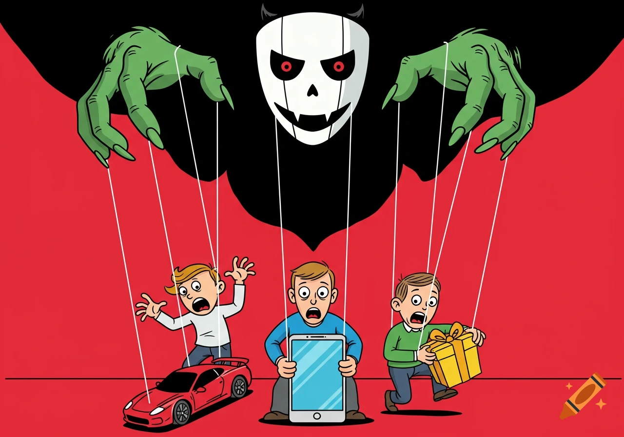 Cartoon of a masked monster's green hands controlling three male puppets reaching for a car, smartphone, and gift box on a red background.