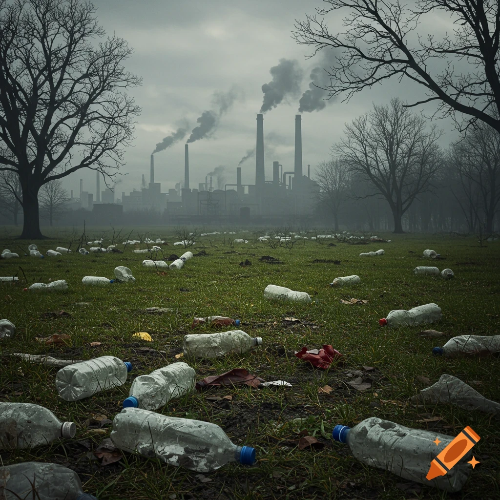 A polluted park with plastic bottles scattered on the green grass, with a smoking industrial factory in the foggy background.