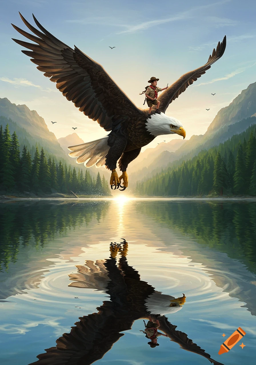 A boy in a scout uniform rides a bald eagle flying over a serene lake at sunset, reflected in the water.
