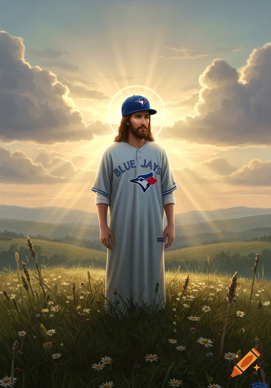 Jesus, wearing a blue Toronto Blue Jays baseball cap and jersey, stands in a sunlit field of wildflowers under a cloudy sky.