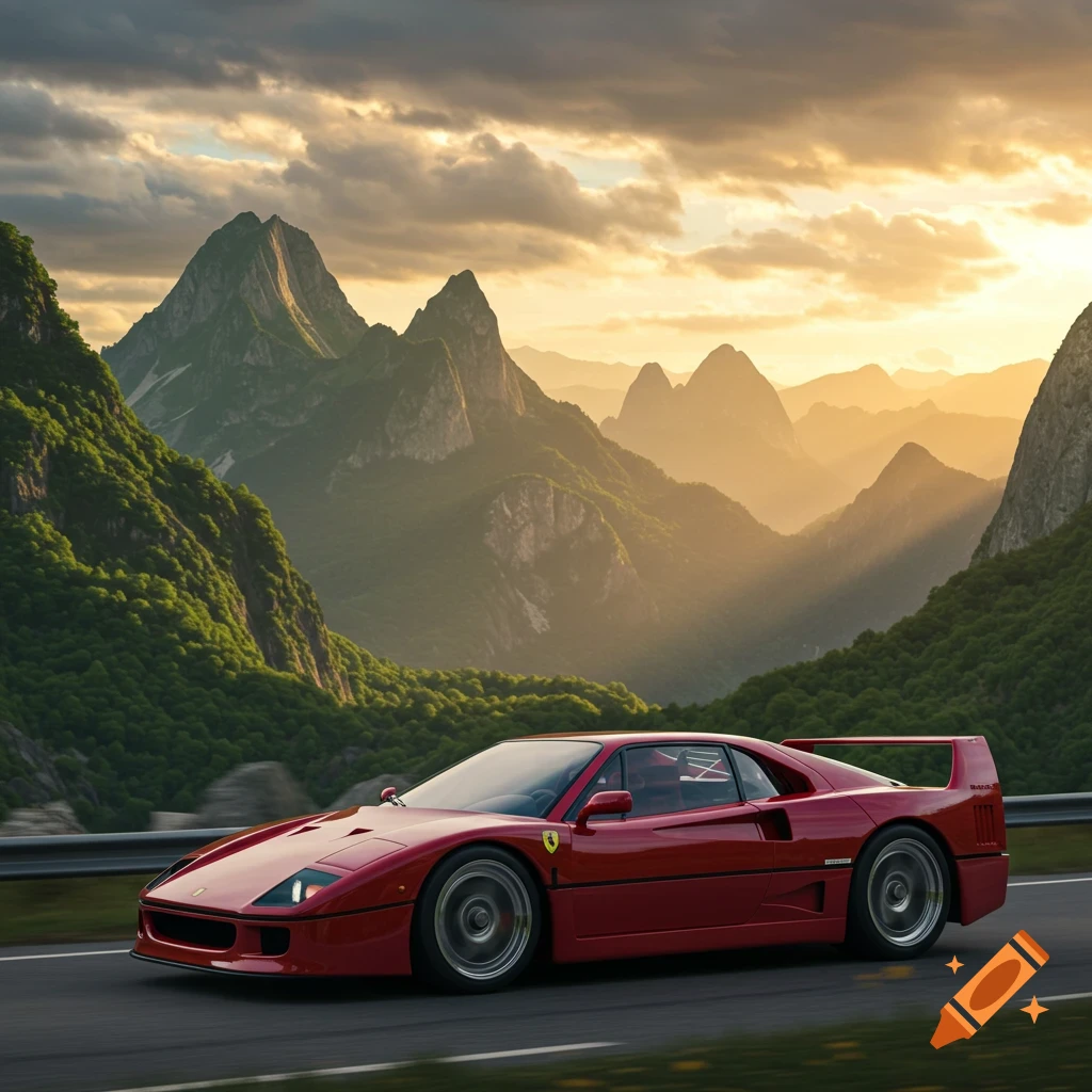 A red Ferrari F40 sports car drives on a mountain road during a vibrant sunset.