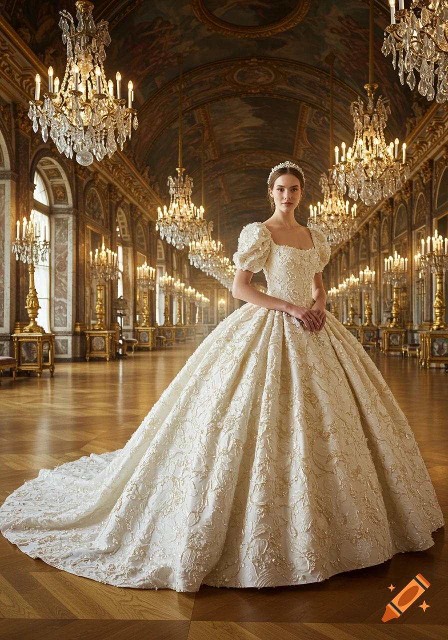 A young woman in an elaborate, embroidered white ball gown and tiara stands gracefully in a grand, chandelier-lit baroque ballroom.