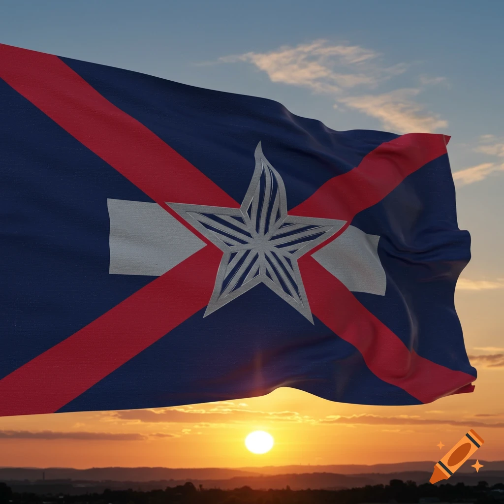A dark blue flag with a red 'X' and a stylized silver star in the center, waving against a vibrant sunset sky.