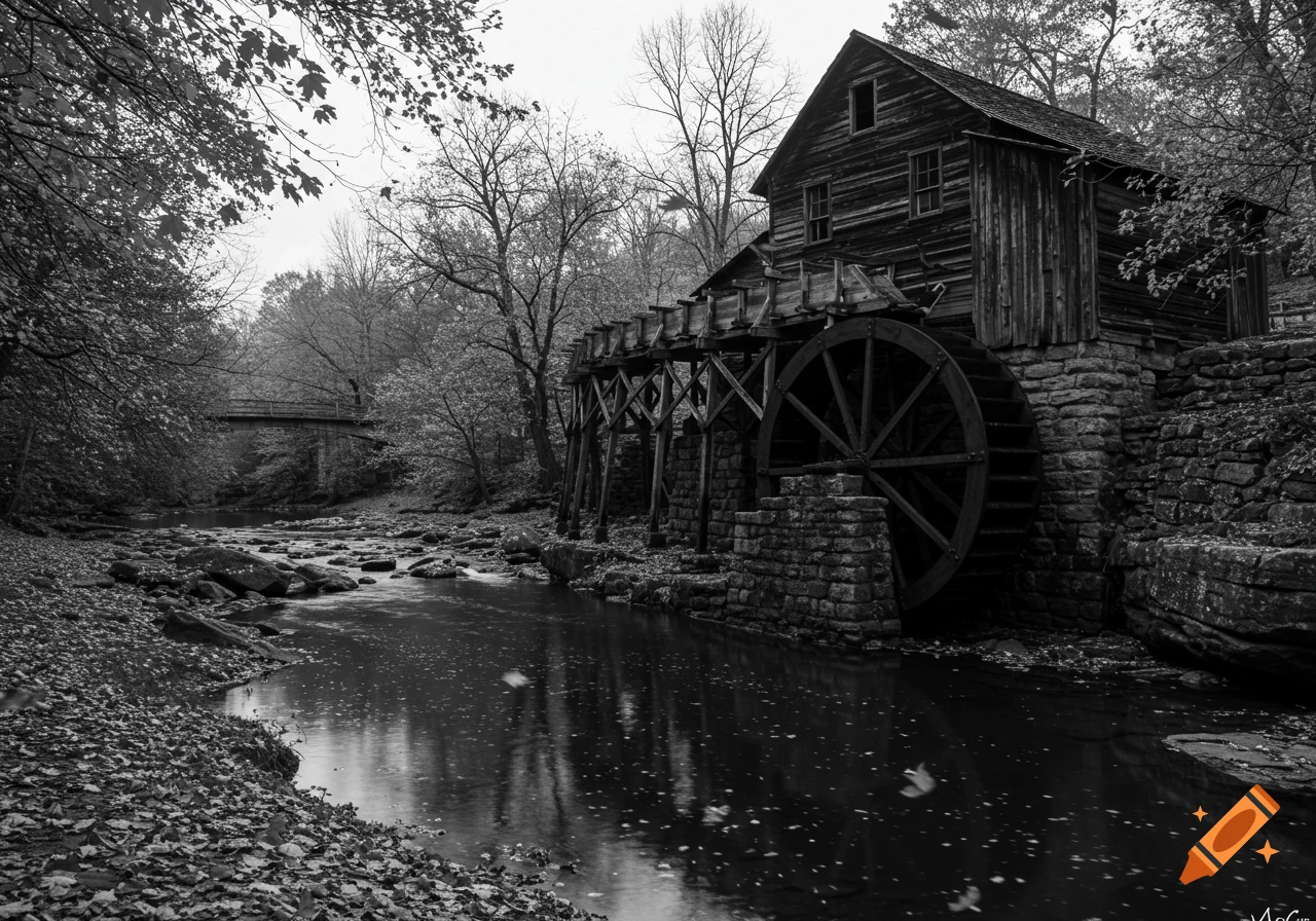 Black and white photo of an old wooden water mill on a river with autumn leaves. A stone bridge is in the distance.