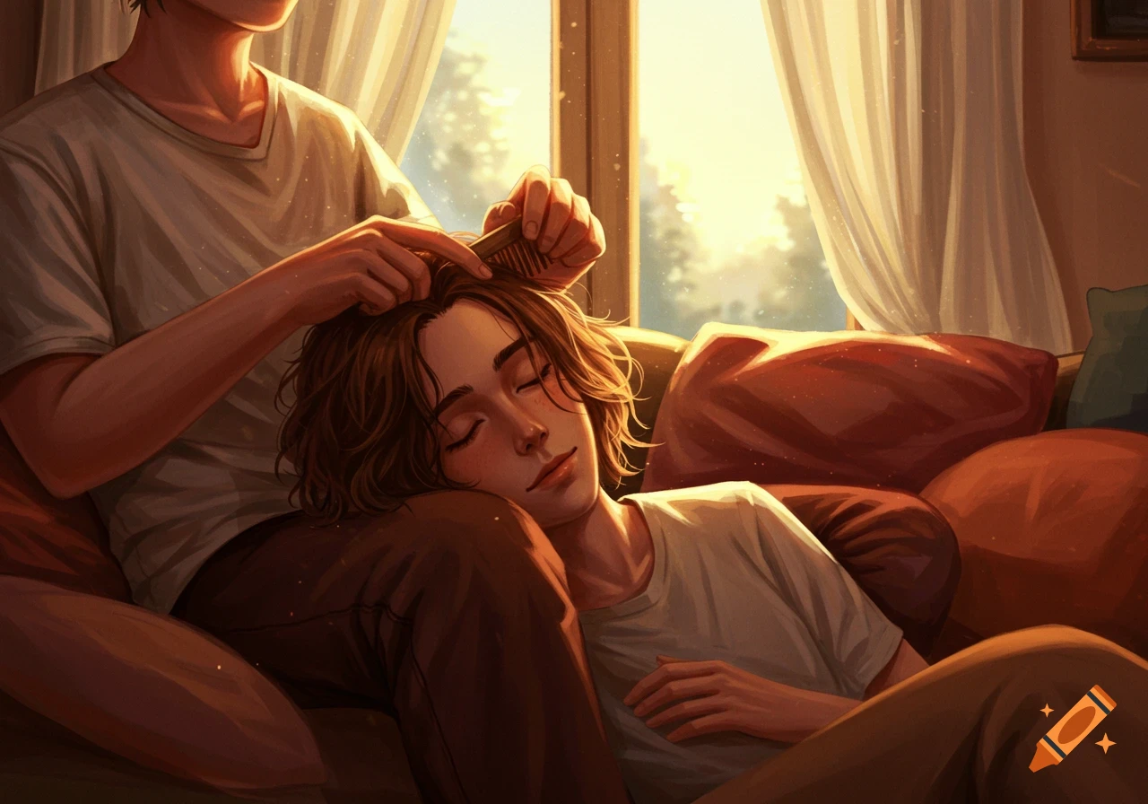 An illustration of one person gently combing the hair of another person resting their head on their lap, bathed in warm sunlight.