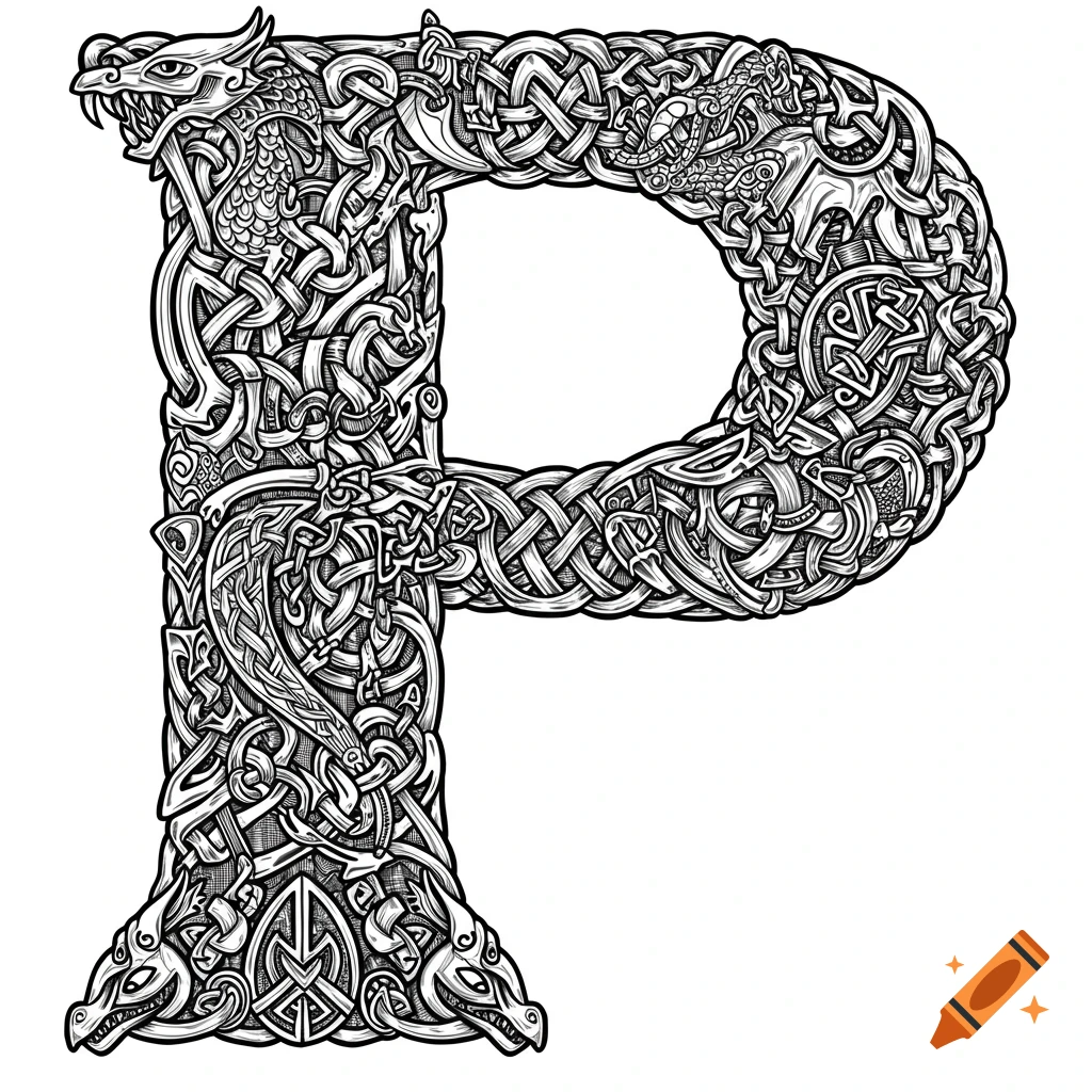 Black and white illuminated letter P in a detailed Viking-Celtic knotwork style with dragon heads.