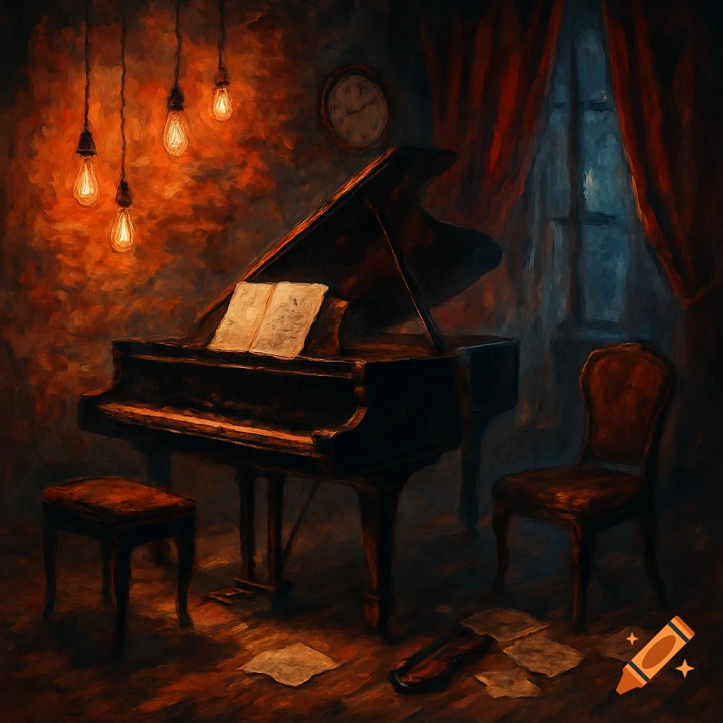 A dramatic, dimly lit painting of a grand piano with sheet music, a stool, and a chair in a room with a window and exposed light bulbs.