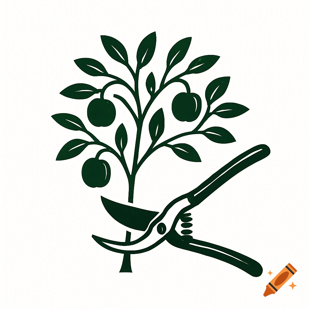 Minimalist line art logo of a dark green stylized fruit tree with apples and pruning shears on a white background.