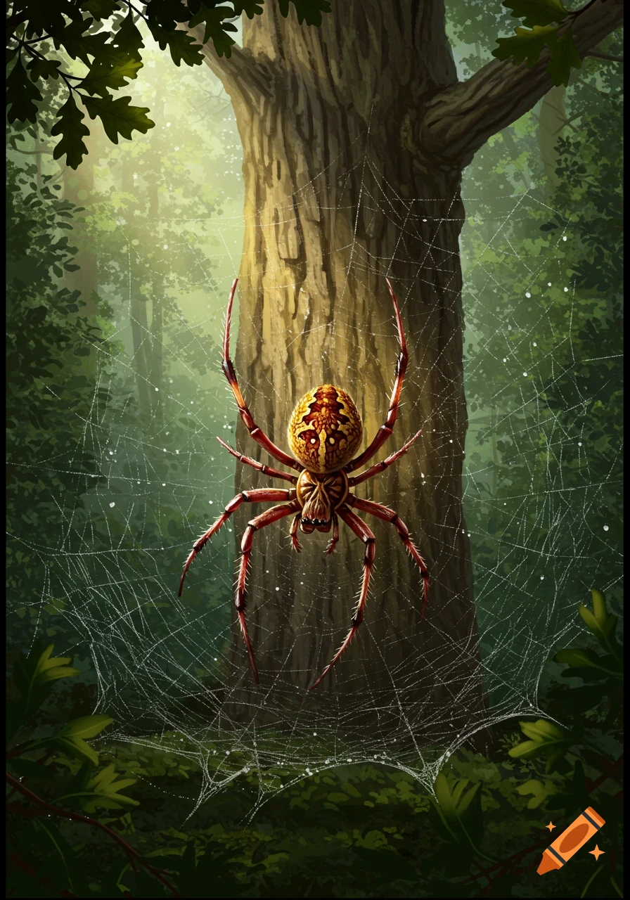 A colorful spider with a patterned body hangs in its dewy web against a tree trunk in a sunlit forest, digitally painted.