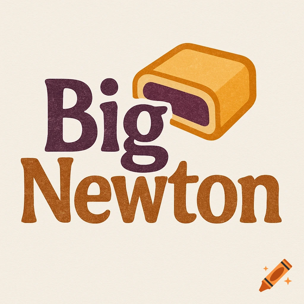 A retro-style logo for "Big Newton" with a stylized fig newton cookie illustration.
