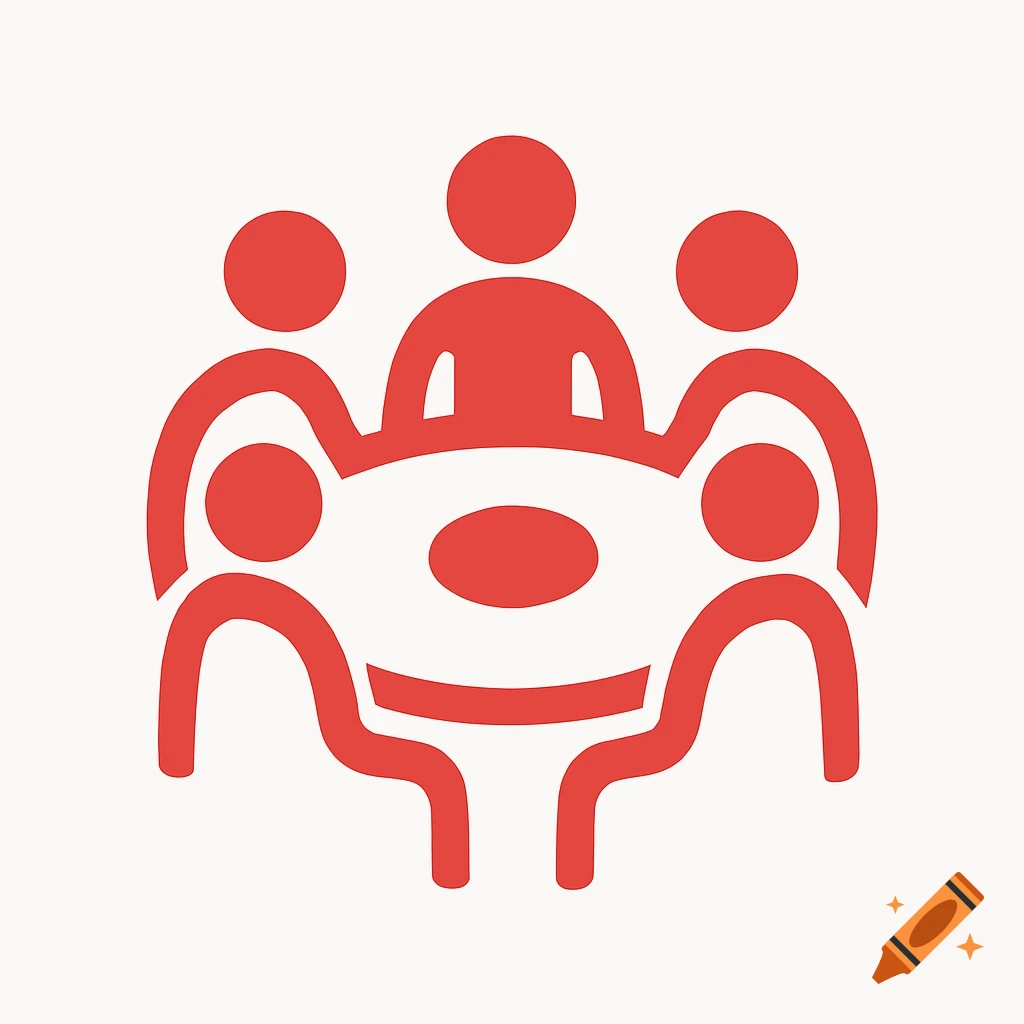 Simple red icon of five stylized people gathered around a table.