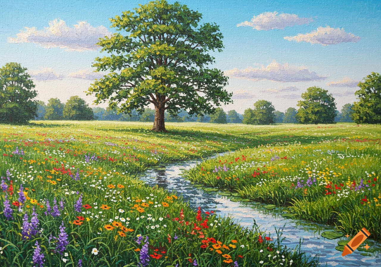 A vibrant painting of a sunny meadow with a large tree, a winding stream, and colorful wildflowers under a blue sky.
