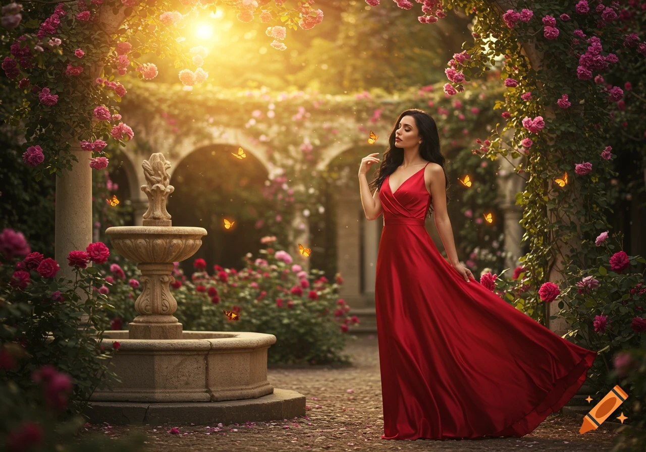 A beautiful woman in a red dress stands in a sunlit rose garden with a fountain and butterflies.