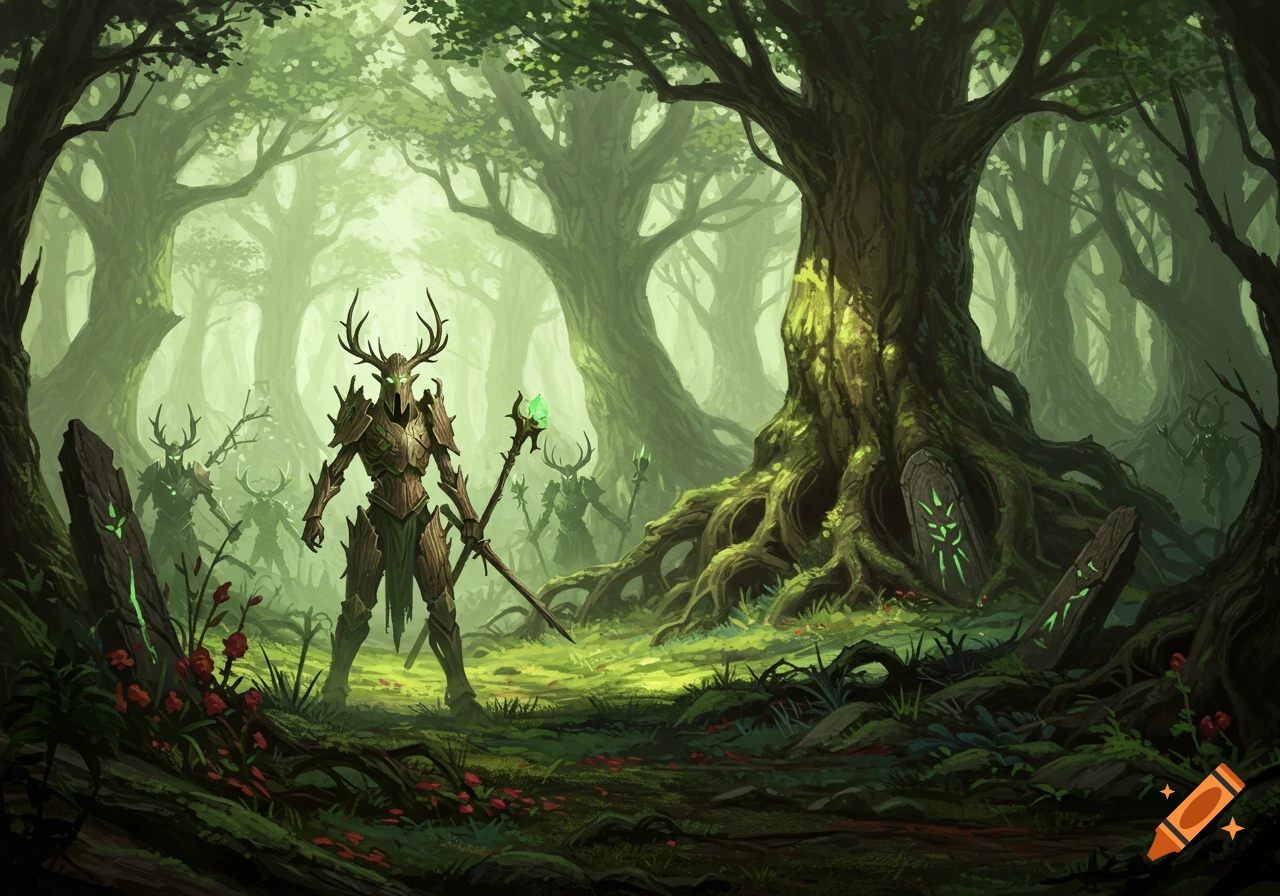 Misty forest with armored, antlered tree-like creatures holding staffs, standing among glowing runic stones in a fantasy art style.