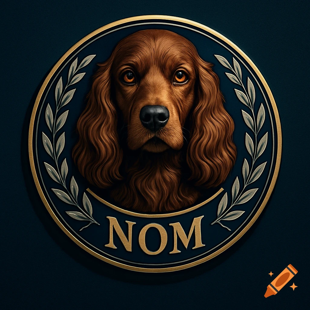 A detailed portrait of a brown cocker spaniel's head centered in a circular gold and blue emblem with olive branches and the word 'NOM' at the bottom.