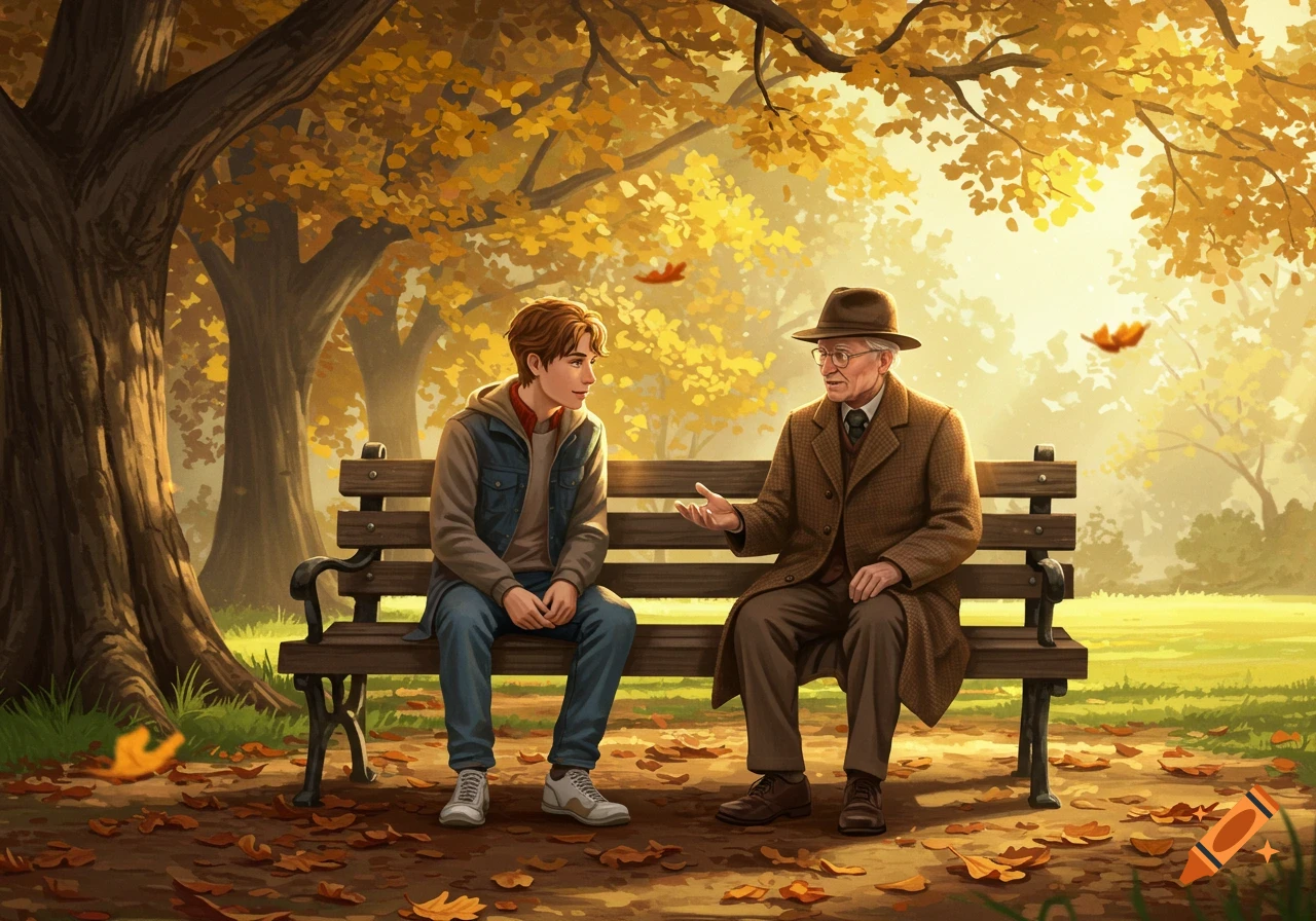 An older man and a younger man sit on a park bench surrounded by golden autumn leaves in an illustration.