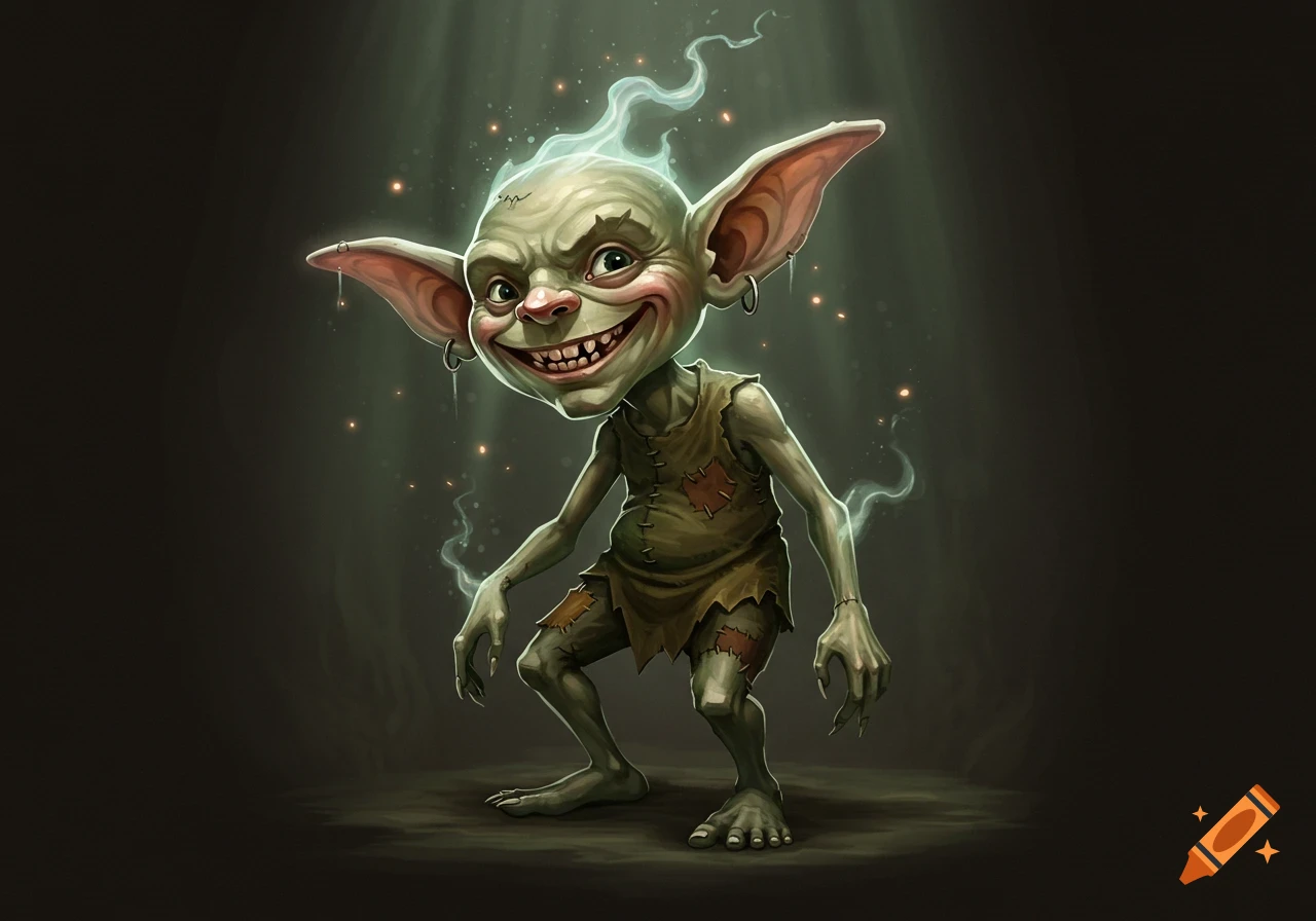A stylized illustration of a grinning, green-skinned goblin with large ears, pointed teeth, and tattered clothes, emanating a wispy aura in a dark fantasy setting.