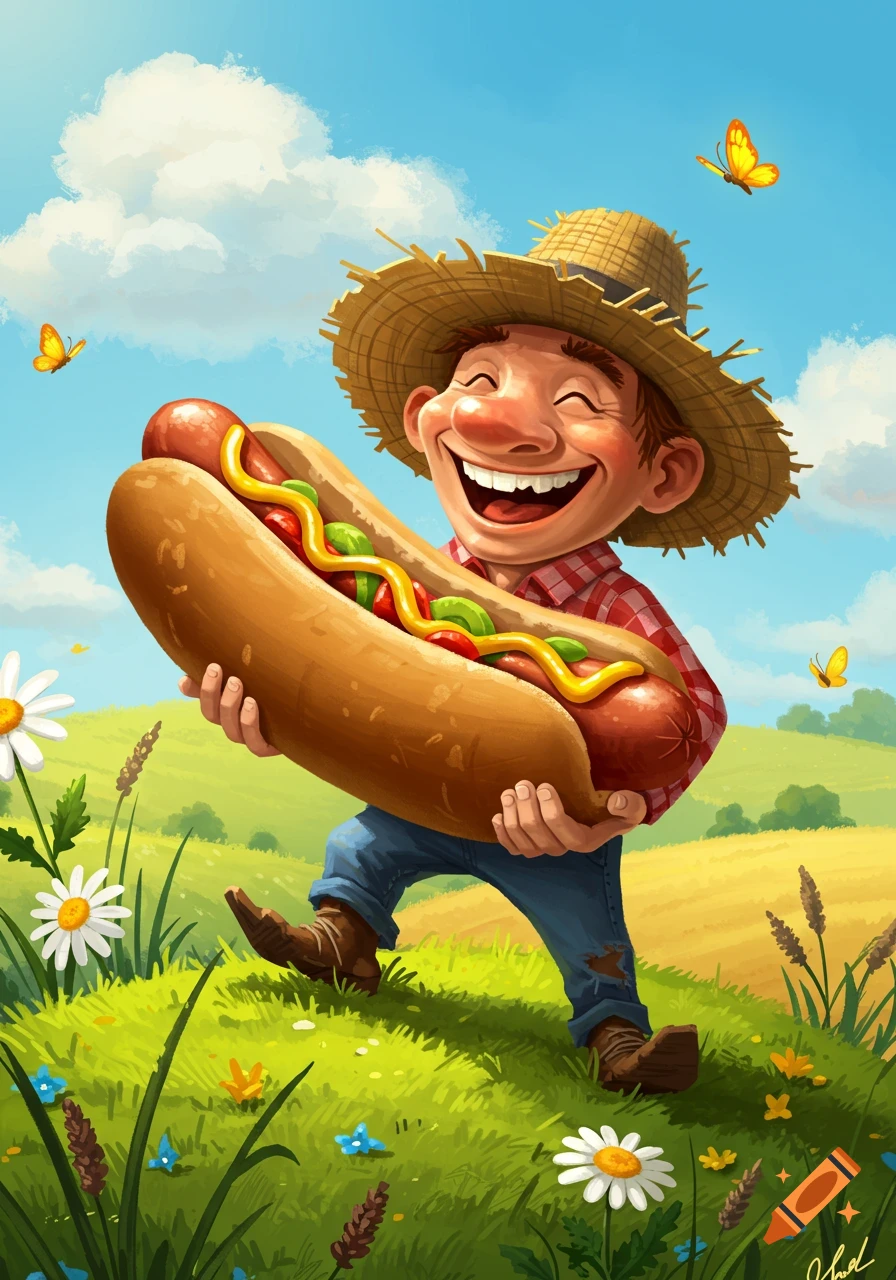 A happy, cartoon hillbilly in a straw hat and plaid shirt carries a giant hotdog in a sunny field with flowers and butterflies.