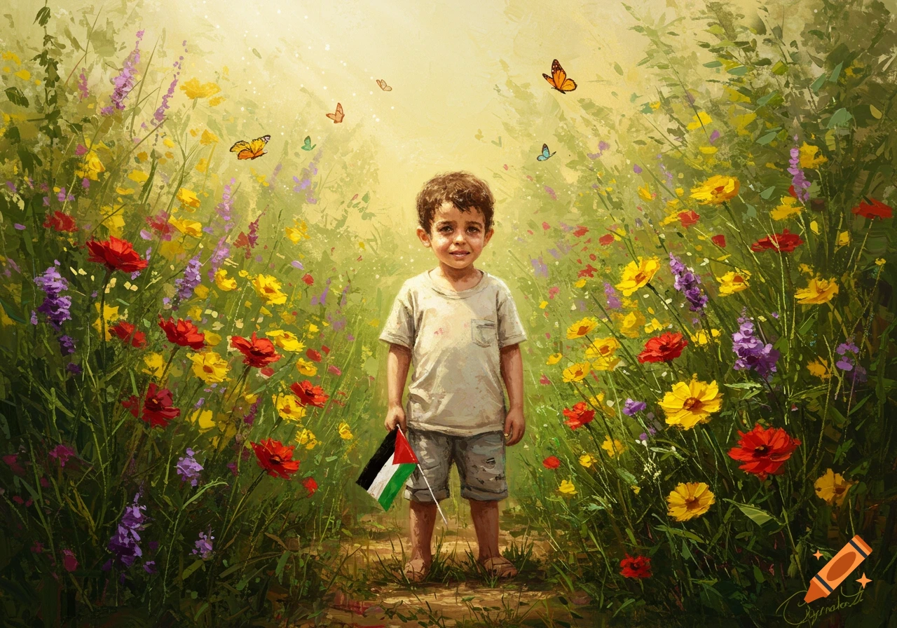 A young boy holds a Palestinian flag in a vibrant, sunlit field of colorful flowers and butterflies, in a painterly style.