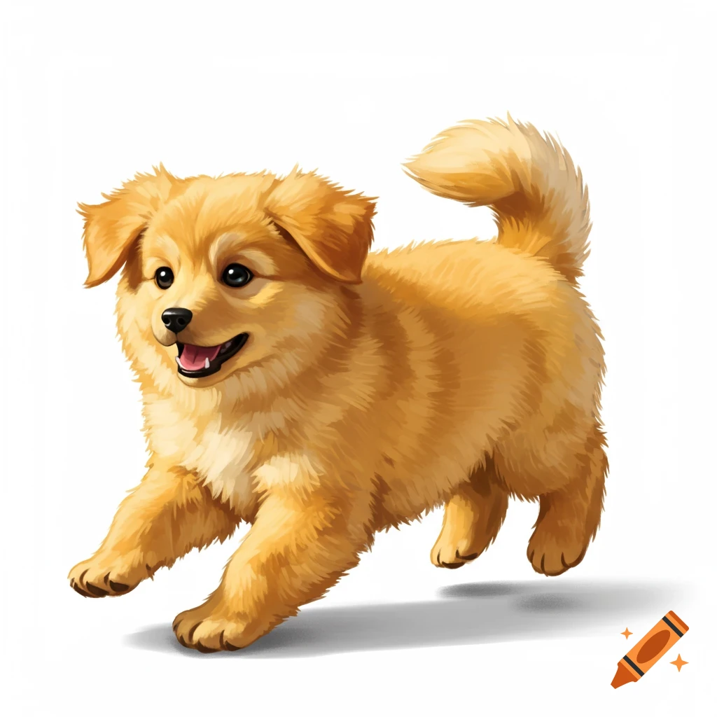A happy, fluffy golden-brown puppy in a playful stance, digitally illustrated on a white background.