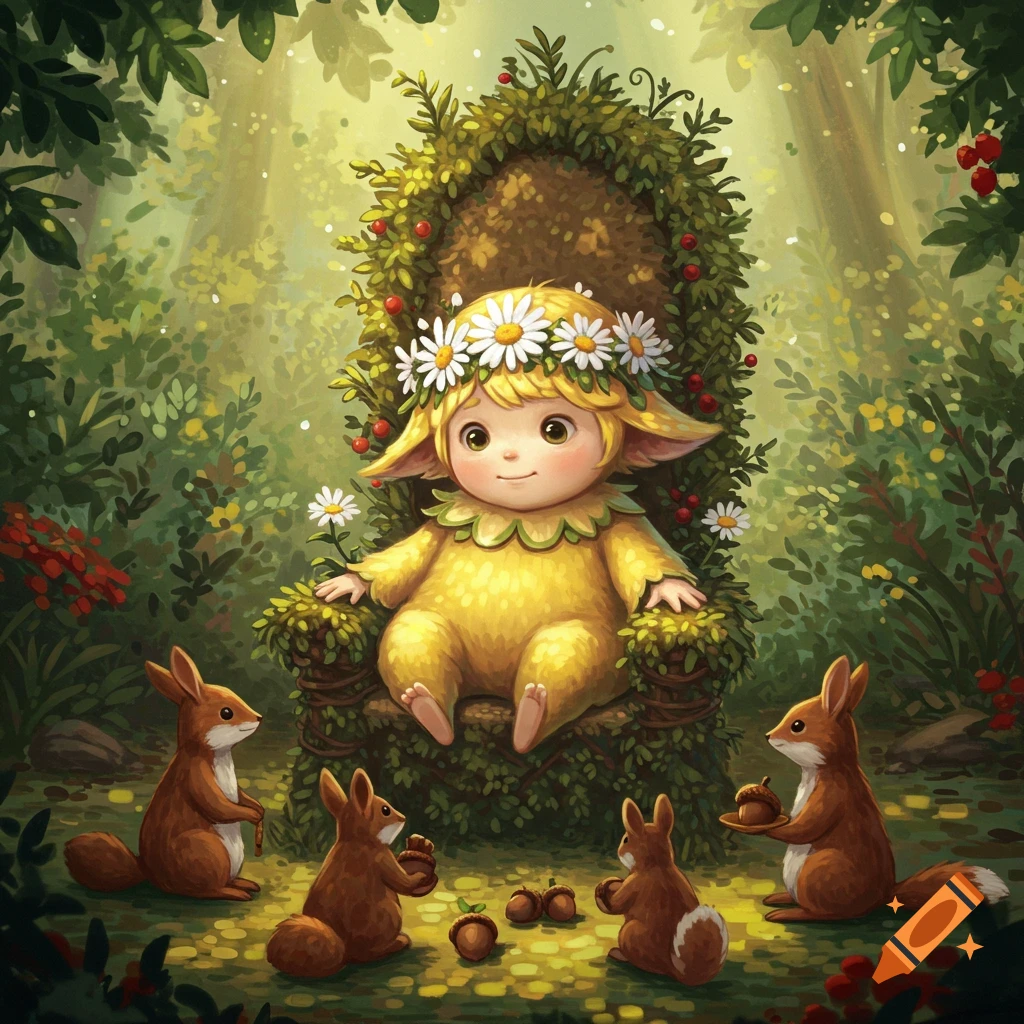A cute, yellow, big-eared fantasy creature with a daisy crown sits on a leafy throne in a whimsical forest, surrounded by squirrels offering acorns.