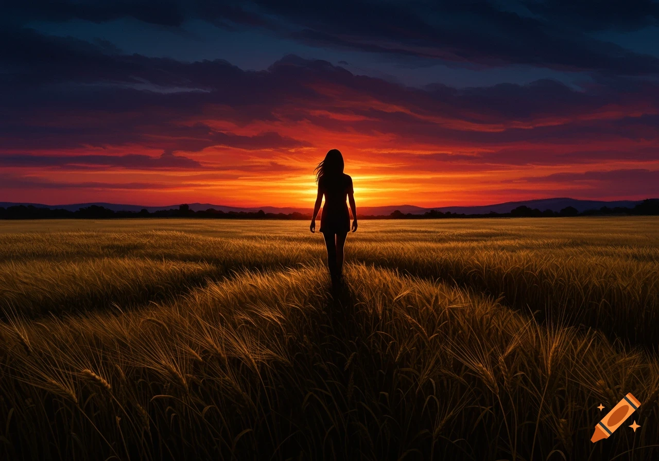Silhouette of a woman walking through a golden wheat field at sunset under a dramatic red and orange sky.