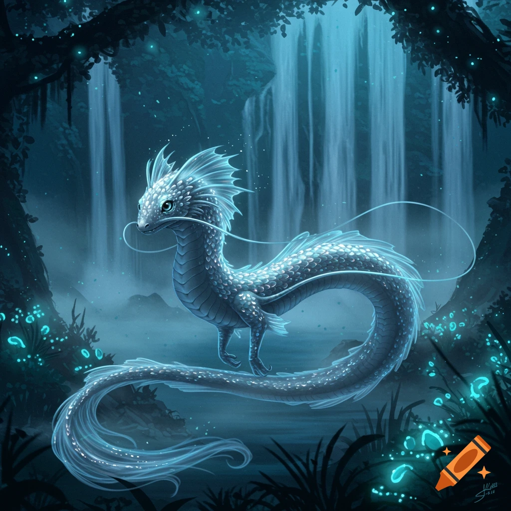 A shimmering, silvery-blue serpentine dragon stands in a misty, dark blue forest with waterfalls and glowing plants.