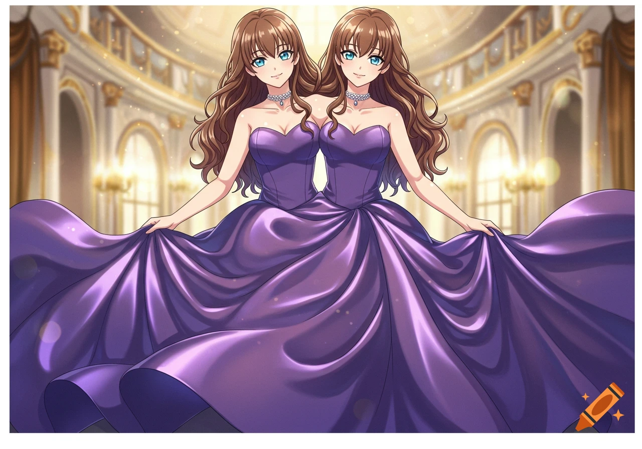 Two identical anime women in a shared purple satin ball gown in an opulent ballroom, creating a conjoined illusion.