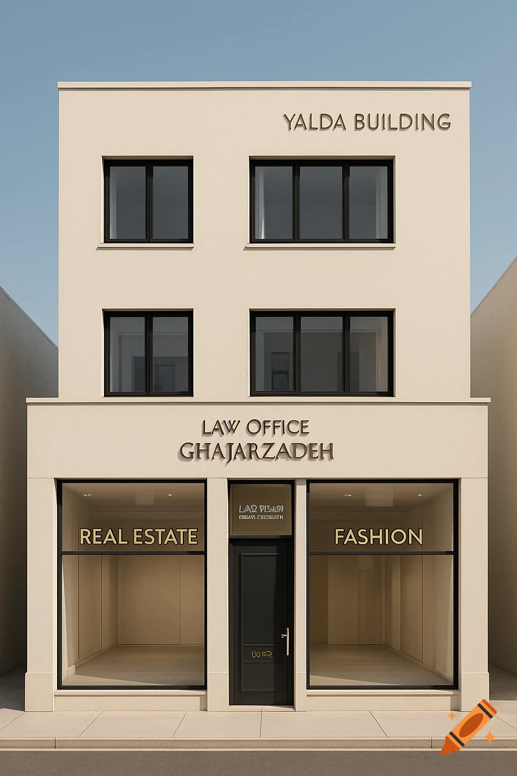 A modern, minimalist three-story building with a cream facade. The ground floor has two shop windows for 'Real Estate' and 'Fashion', with a black door between them. 'Law Office Ghajarzadeh' is above the shops, and 'Yalda Building' is at the top.