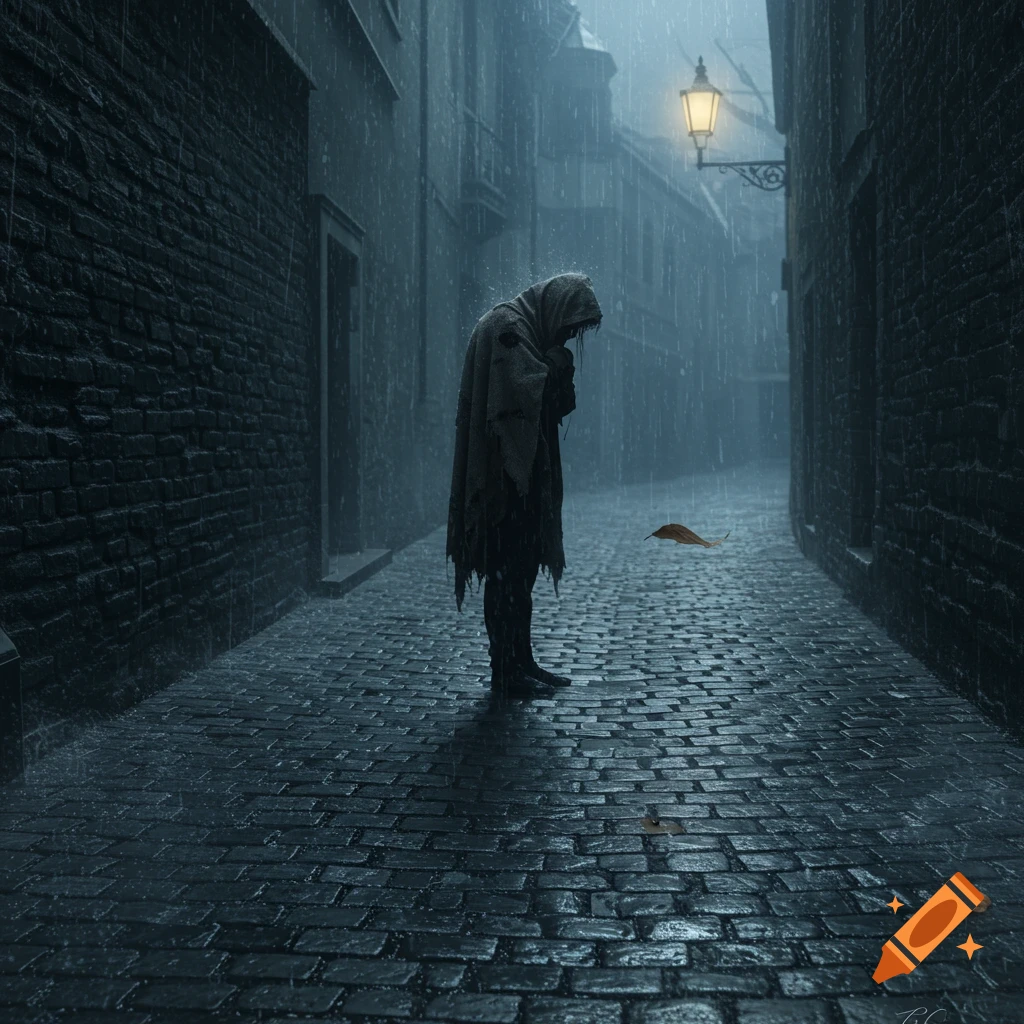 A hooded figure stands in a dark, rainy cobblestone alley, head bowed under a glowing street lamp.