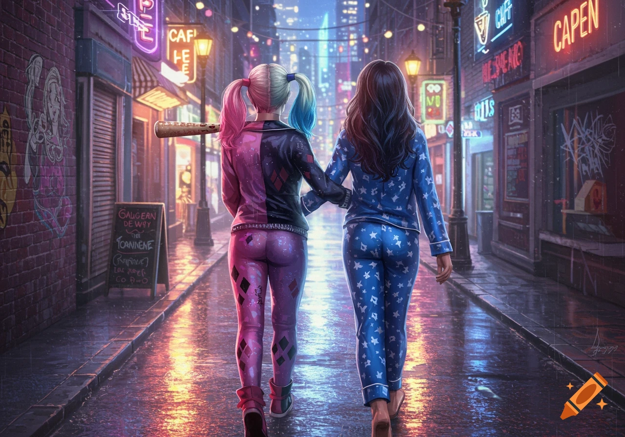 Harley Quinn and another woman in pajamas walk arm-in-arm down a wet, neon-lit city street at night, seen from behind.