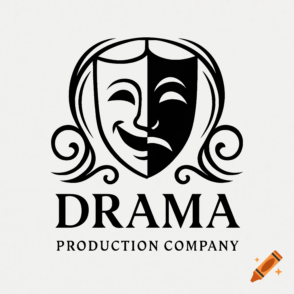 Black and white logo featuring two theatrical masks, one happy and one sad, above the words 'DRAMA PRODUCTION COMPANY'.