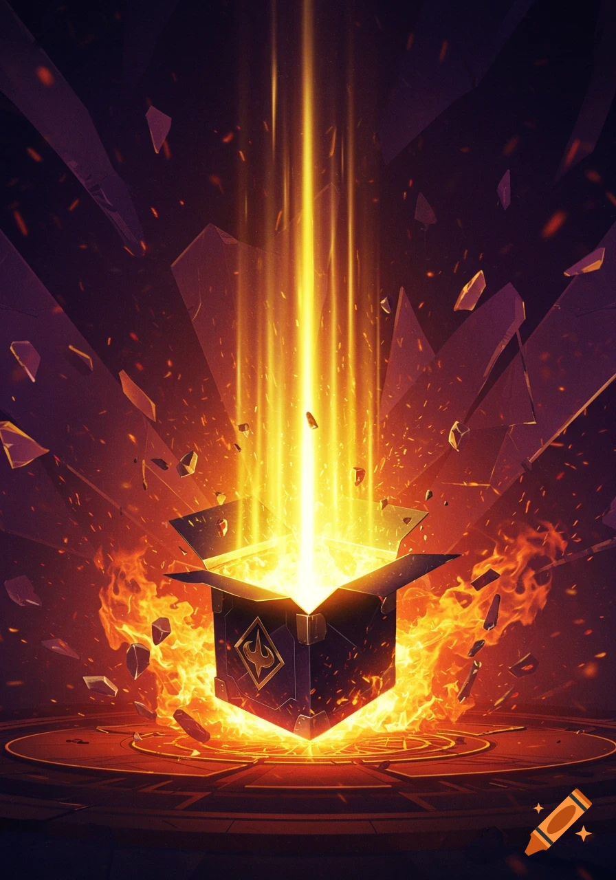 A dark box with a gold emblem radiates intense golden light and fire, surrounded by shattering debris and sparks.