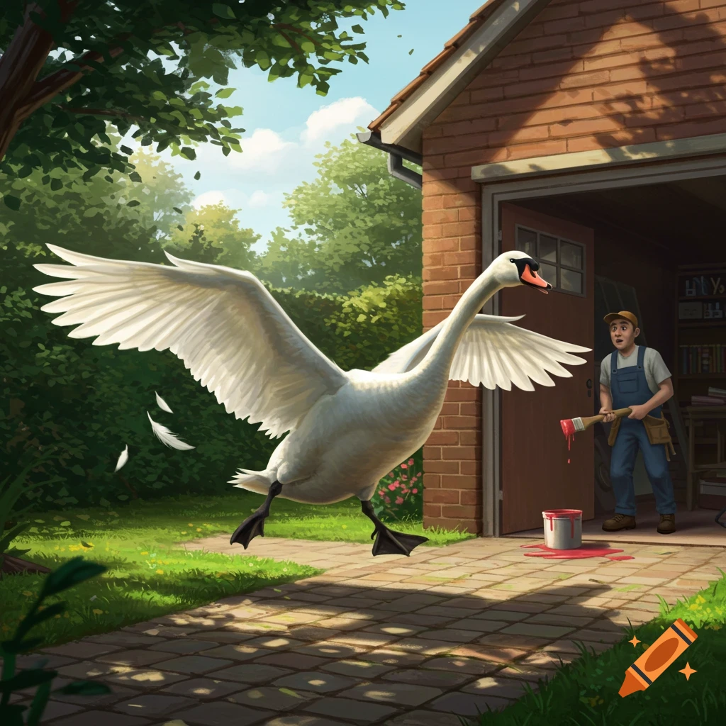 A large white swan with outstretched wings runs in a grassy yard as a surprised man holding a red paint brush looks on from his garage.
