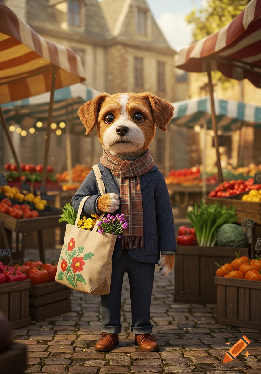 A photorealistic anthropomorphic dog in a suit and scarf, carrying a shopping bag with flowers, standing at an outdoor market.