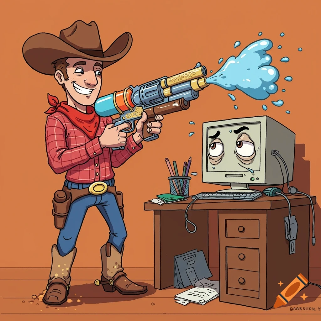Cartoon cowboy in a FarSide style shoots a water pistol at a sad desktop PC on a desk.