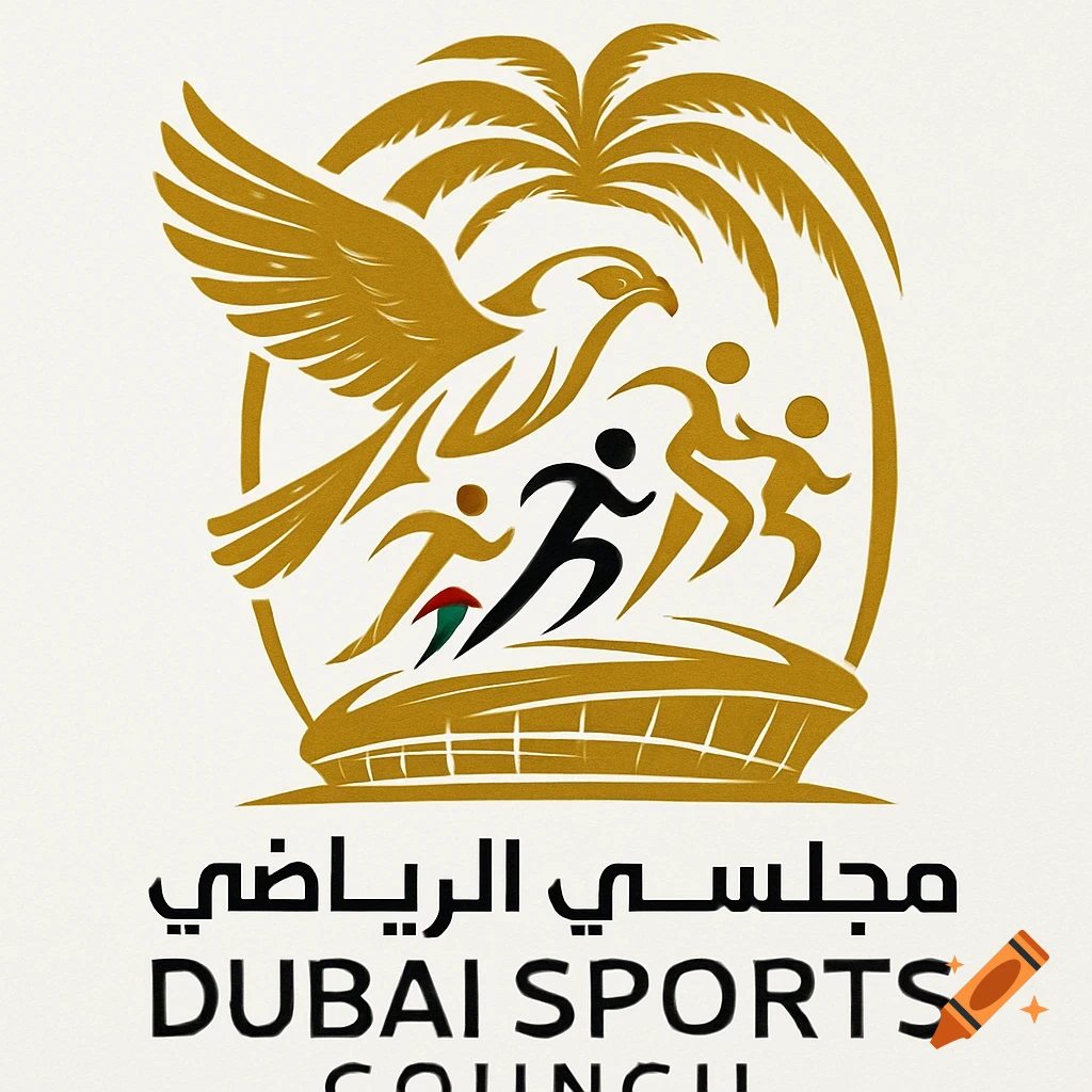 Logo for Dubai Sports Council featuring a golden falcon, palm tree, and abstract running figures, with text in English and Arabic.