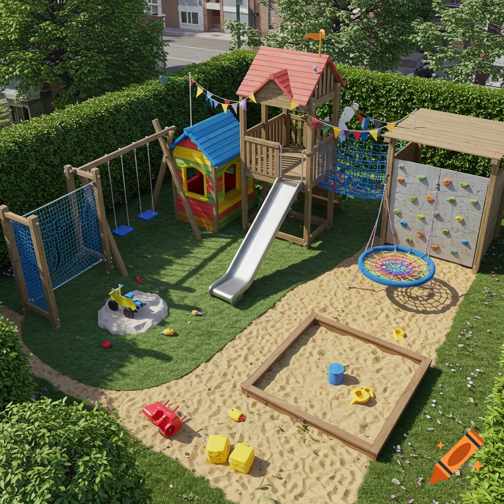 An aerial view of a colorful children's backyard playground featuring a playhouse, slide, swings, climbing wall, sandbox, and various toys.