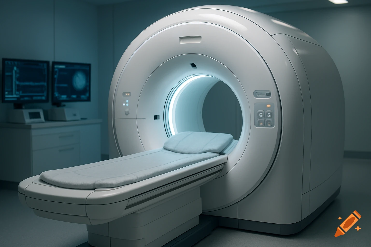 A modern MRI machine with a patient bed, glowing light, and medical monitors in a dimly lit room.